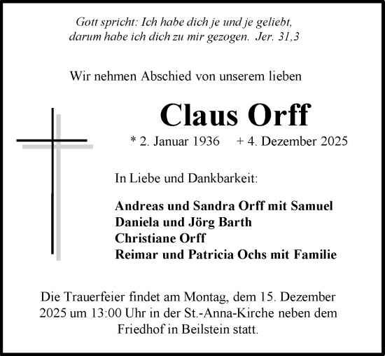 Traueranzeige von Claus Orff von GESAMT
