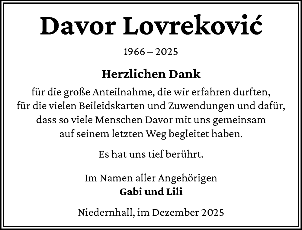  Traueranzeige für Davor Lovrekovic vom 27.12.2025 aus GESAMT