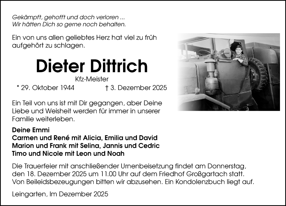  Traueranzeige für Dieter Dittrich vom 13.12.2025 aus GESAMT
