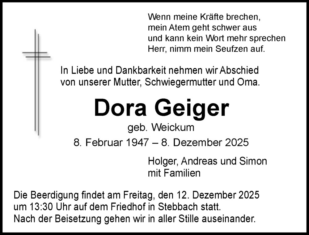  Traueranzeige für Dora Geiger vom 11.12.2025 aus GESAMT