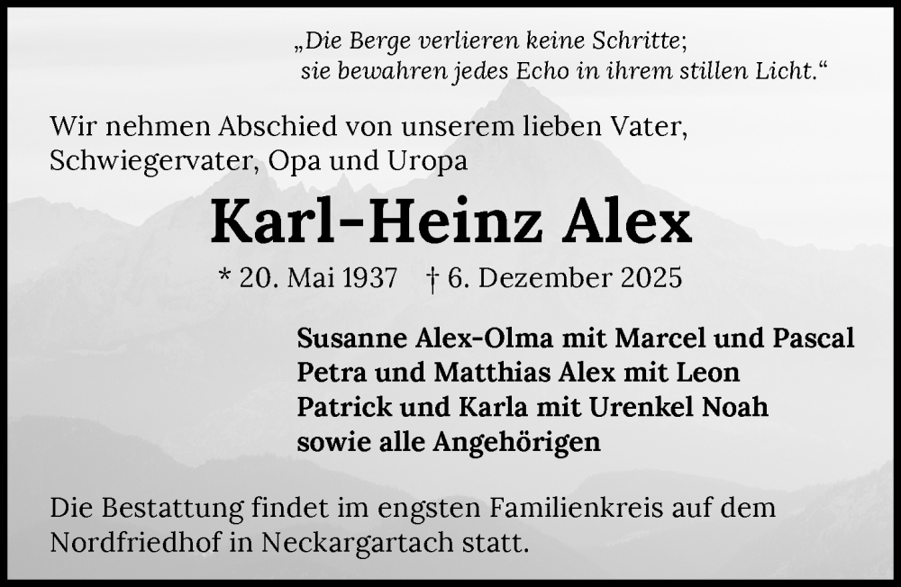  Traueranzeige für Karl-Heinz Alex vom 13.12.2025 aus 