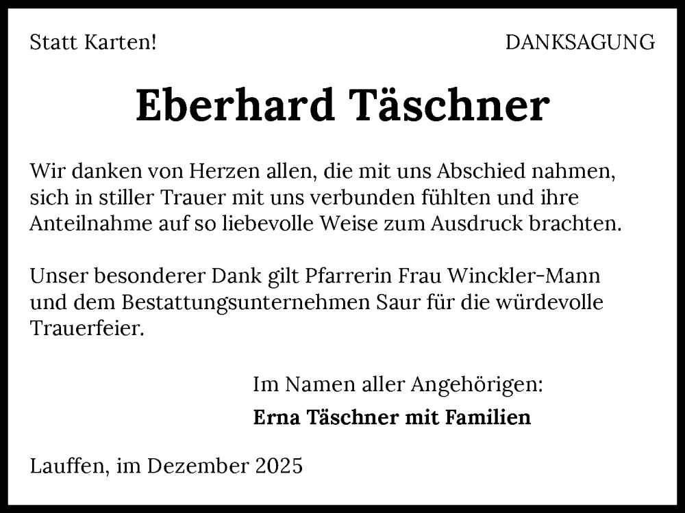  Traueranzeige für Eberhard Täschner vom 06.12.2025 aus GESAMT