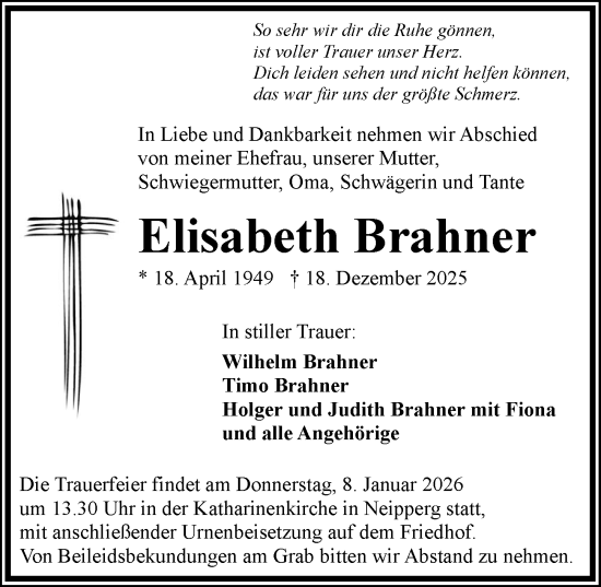 Traueranzeige von Elisabeth Brahner von GESAMT