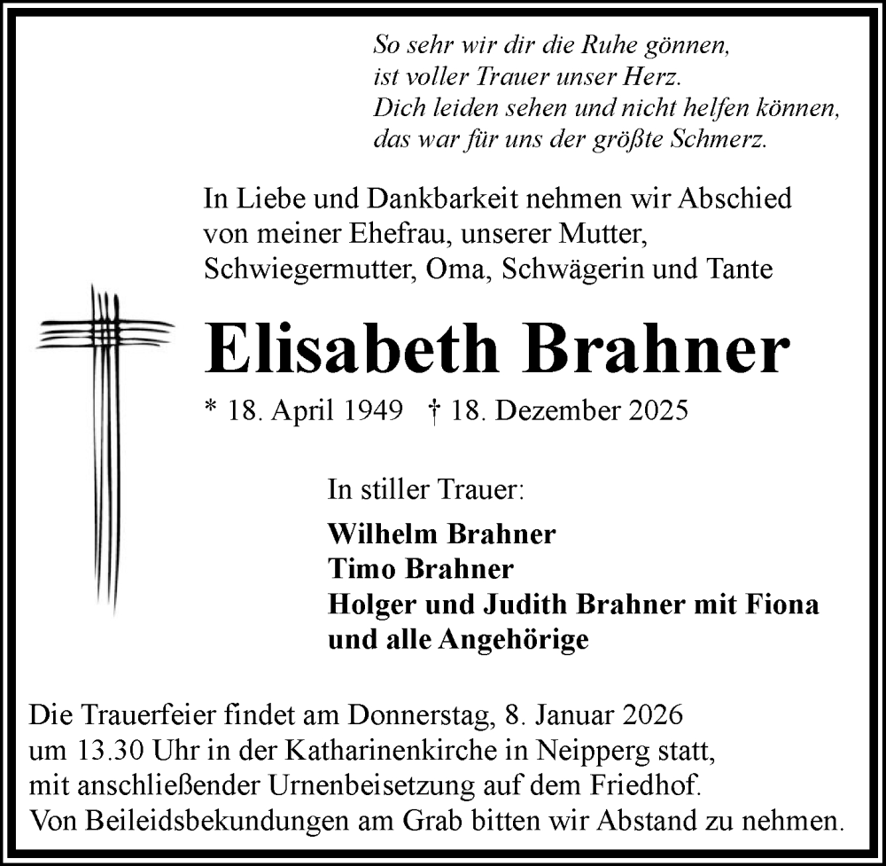  Traueranzeige für Elisabeth Brahner vom 27.12.2025 aus GESAMT