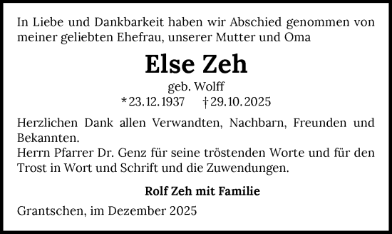 Traueranzeige von Else Zeh von GESAMT