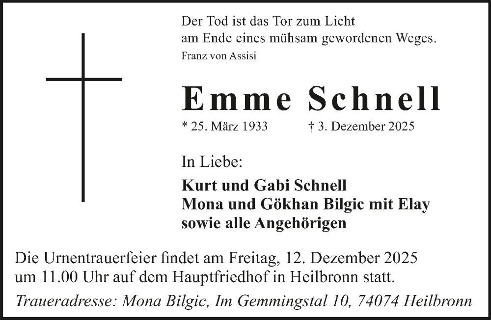  Traueranzeige für Emme Schnell vom 06.12.2025 aus GESAMT