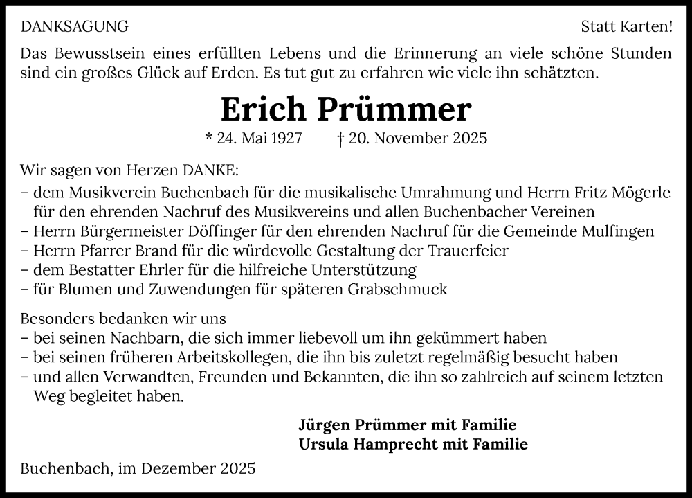  Traueranzeige für Erich Prümmer vom 13.12.2025 aus GESAMT