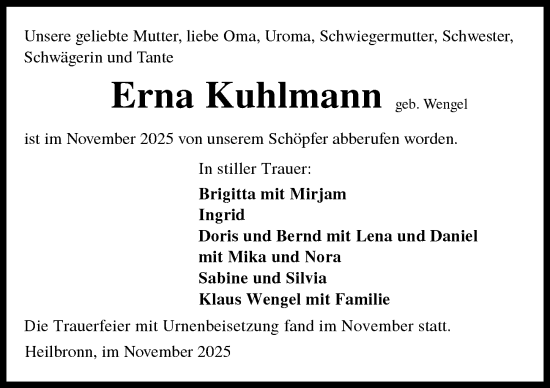 Traueranzeige von Erna Kuhlmann von GESAMT