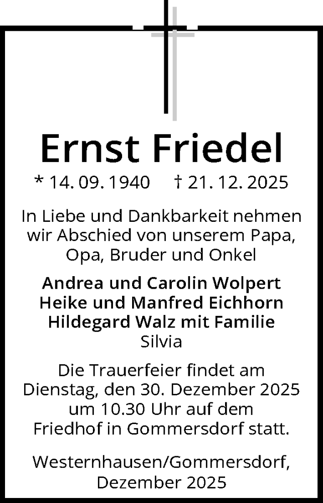  Traueranzeige für Ernst Friedel vom 27.12.2025 aus GESAMT