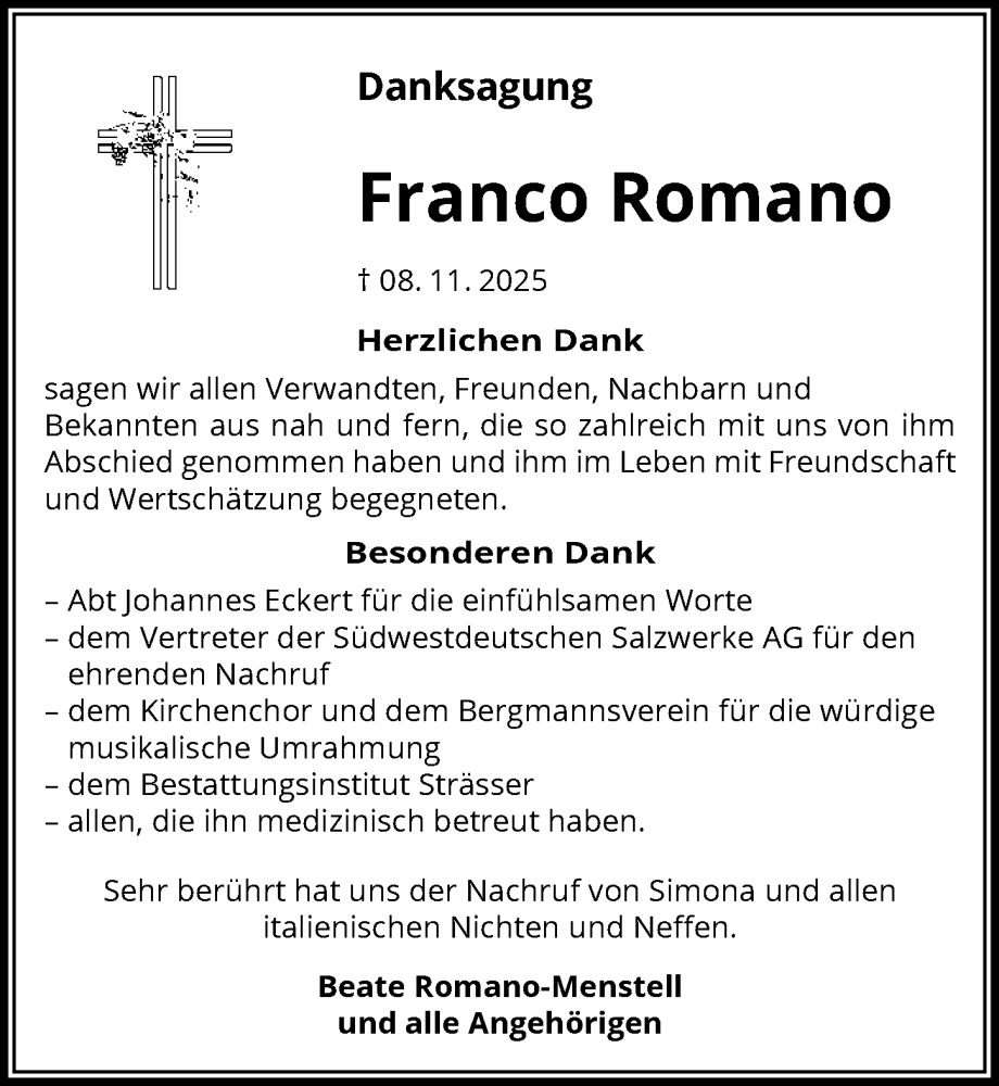  Traueranzeige für Franco Romano vom 06.12.2025 aus GESAMT