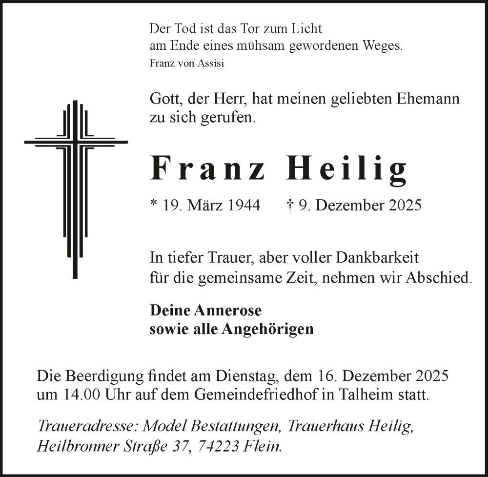  Traueranzeige für Franz Heilig vom 13.12.2025 aus GESAMT