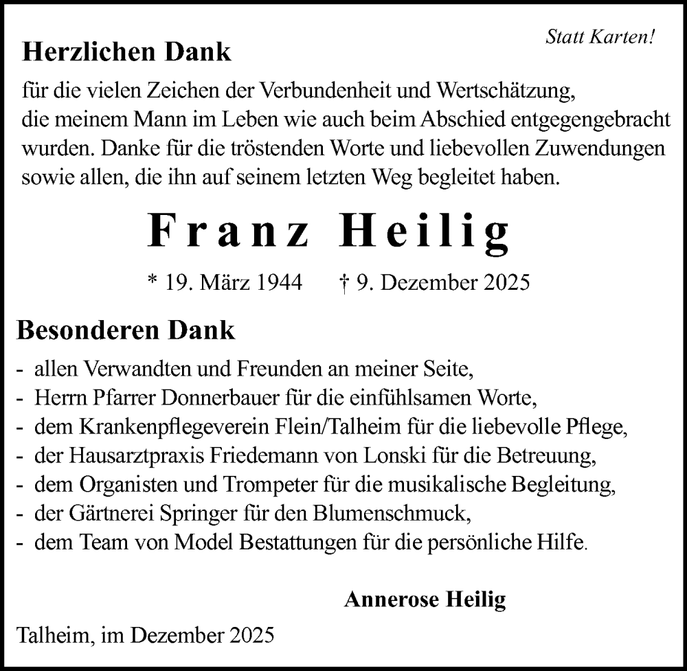  Traueranzeige für Franz Heilig vom 27.12.2025 aus GESAMT