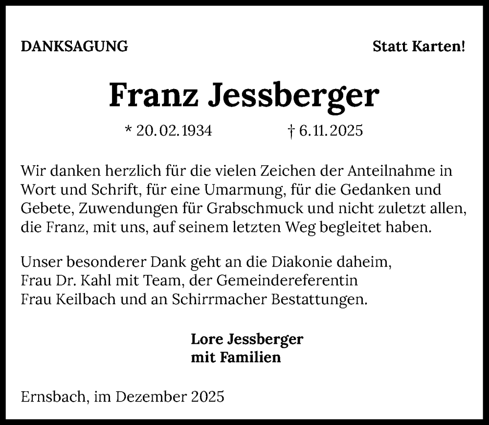  Traueranzeige für Franz Jessberger vom 08.12.2025 aus GESAMT