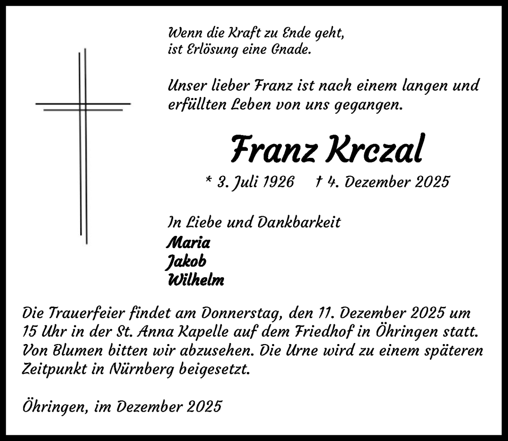  Traueranzeige für Franz Krczal vom 09.12.2025 aus GESAMT