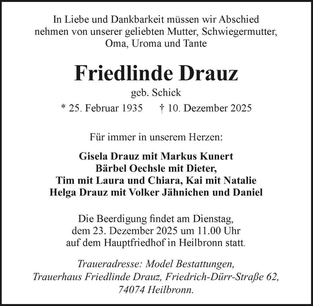  Traueranzeige für Friedlinde Drauz vom 20.12.2025 aus GESAMT