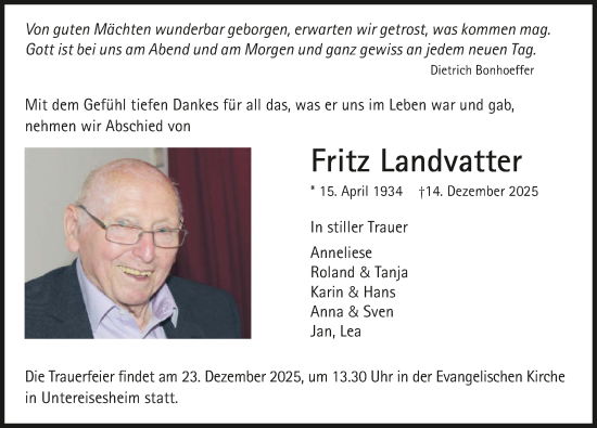 Traueranzeige von Fritz Landvatter von GESAMT