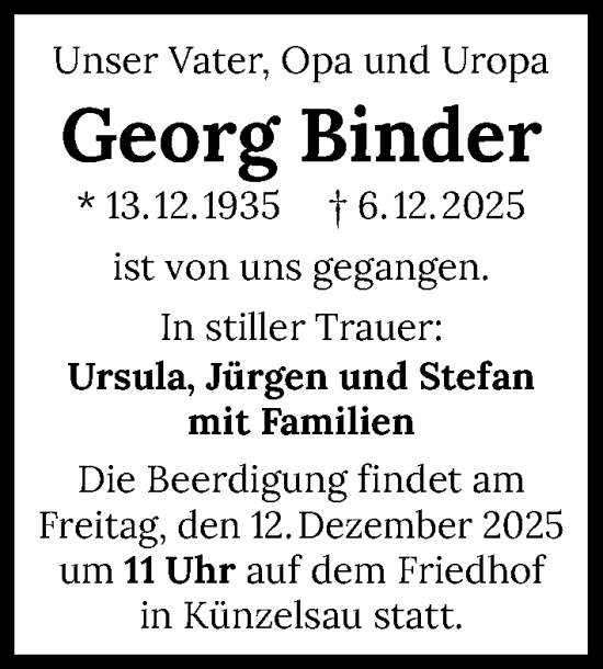 Traueranzeige von Georg Binder von GESAMT