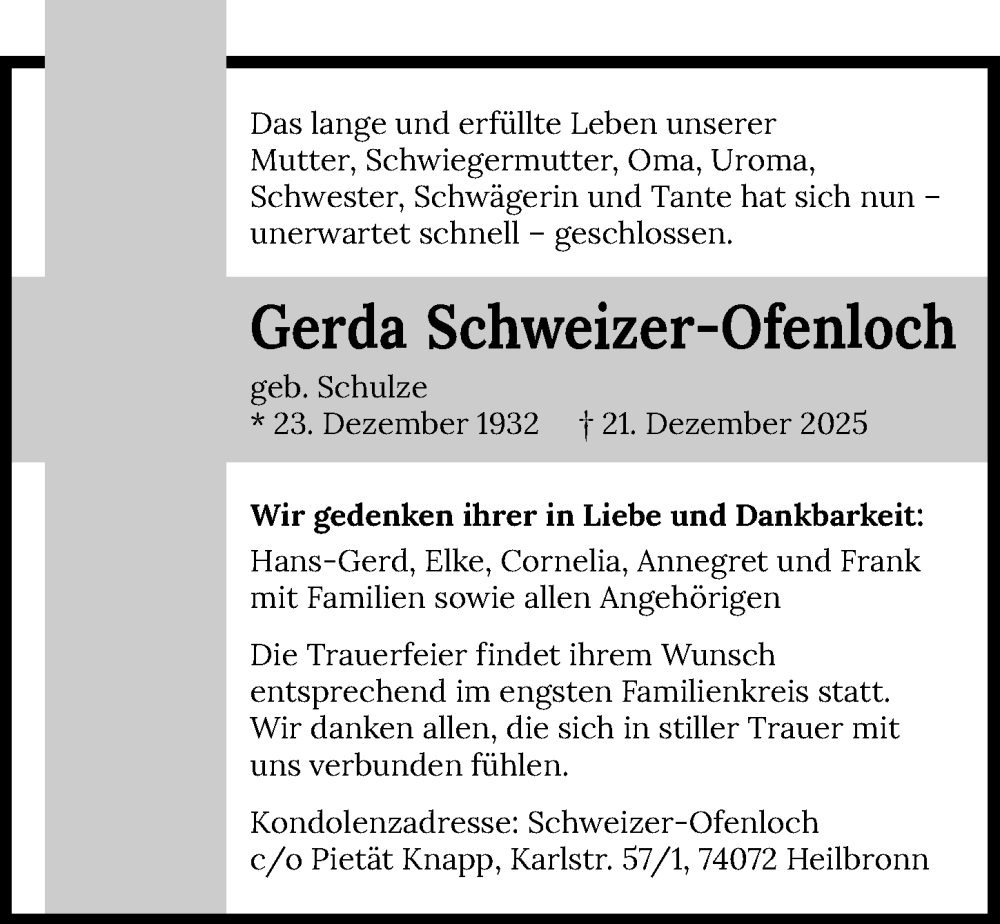  Traueranzeige für Gerda Schweizer-Ofenloch vom 27.12.2025 aus GESAMT
