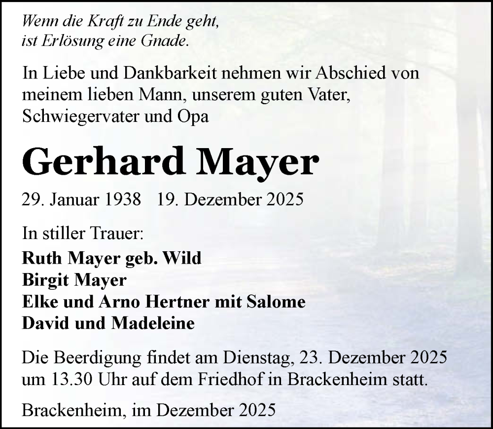  Traueranzeige für Gerhard Mayer vom 20.12.2025 aus GESAMT
