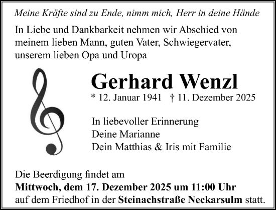 Traueranzeige von Gerhard Wenzl von GESAMT