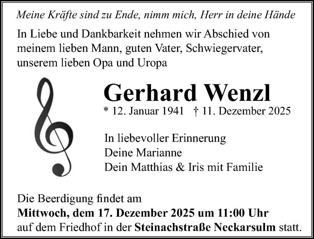  Traueranzeige für Gerhard Wenzl vom 16.12.2025 aus GESAMT