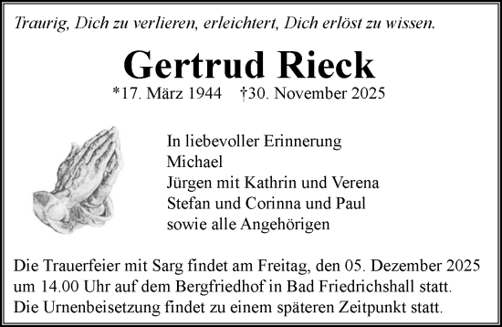 Traueranzeige von Gertrud Rieck von GESAMT