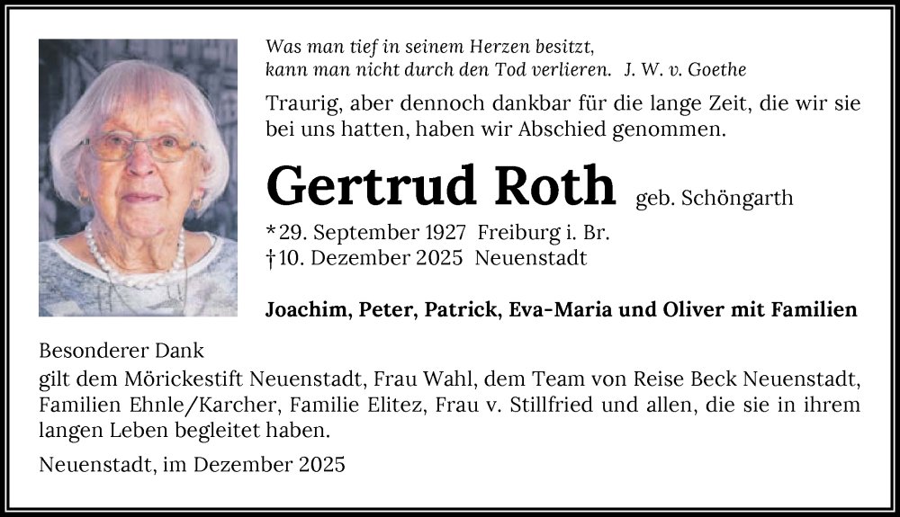  Traueranzeige für Gertrud Roth vom 22.12.2025 aus GESAMT