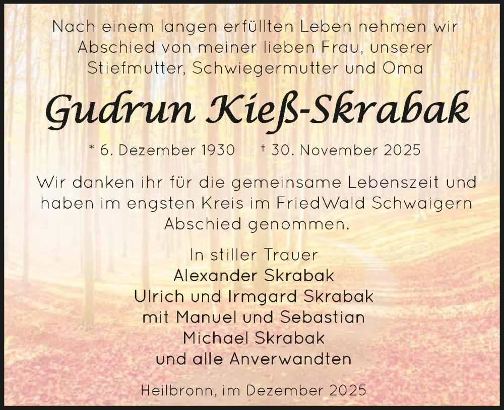  Traueranzeige für Gudrun Kieß-Skrabak vom 20.12.2025 aus GESAMT