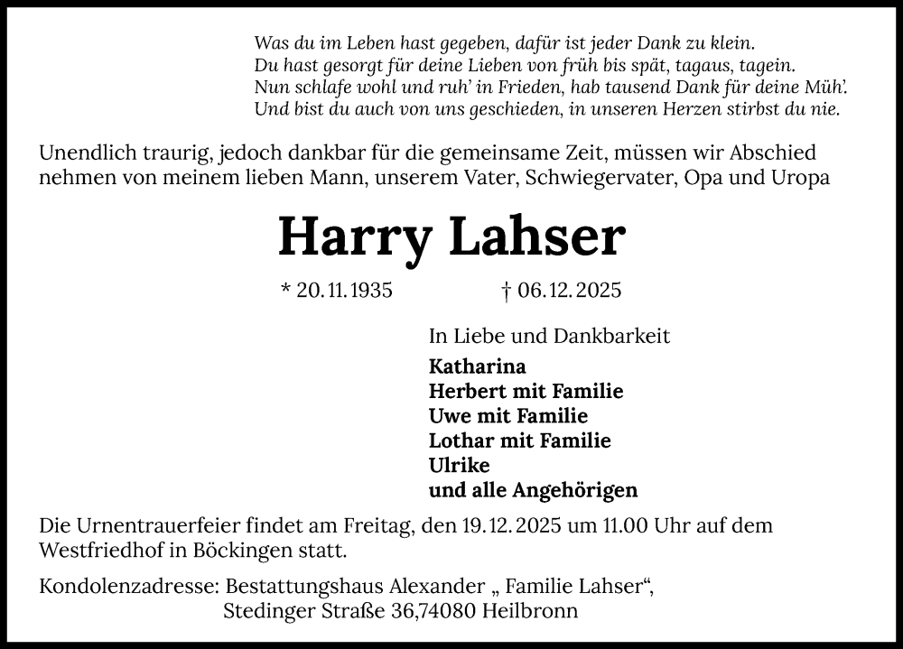  Traueranzeige für Harry Lahser vom 13.12.2025 aus GESAMT
