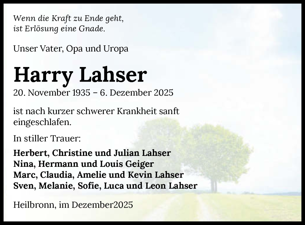  Traueranzeige für Harry Lahser vom 13.12.2025 aus GESAMT