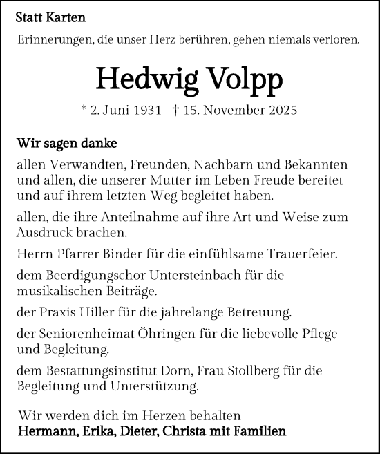 Traueranzeige von Hedwig Volpp von GESAMT