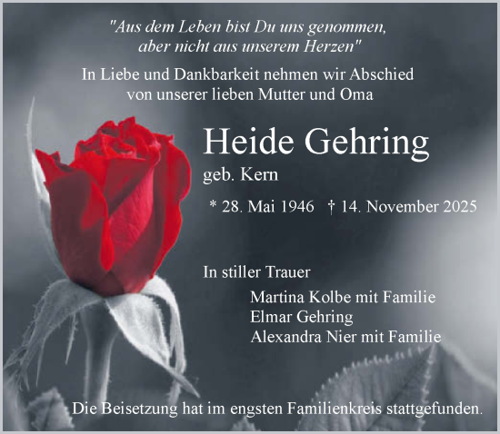 Traueranzeige von Heide Gehring von GESAMT