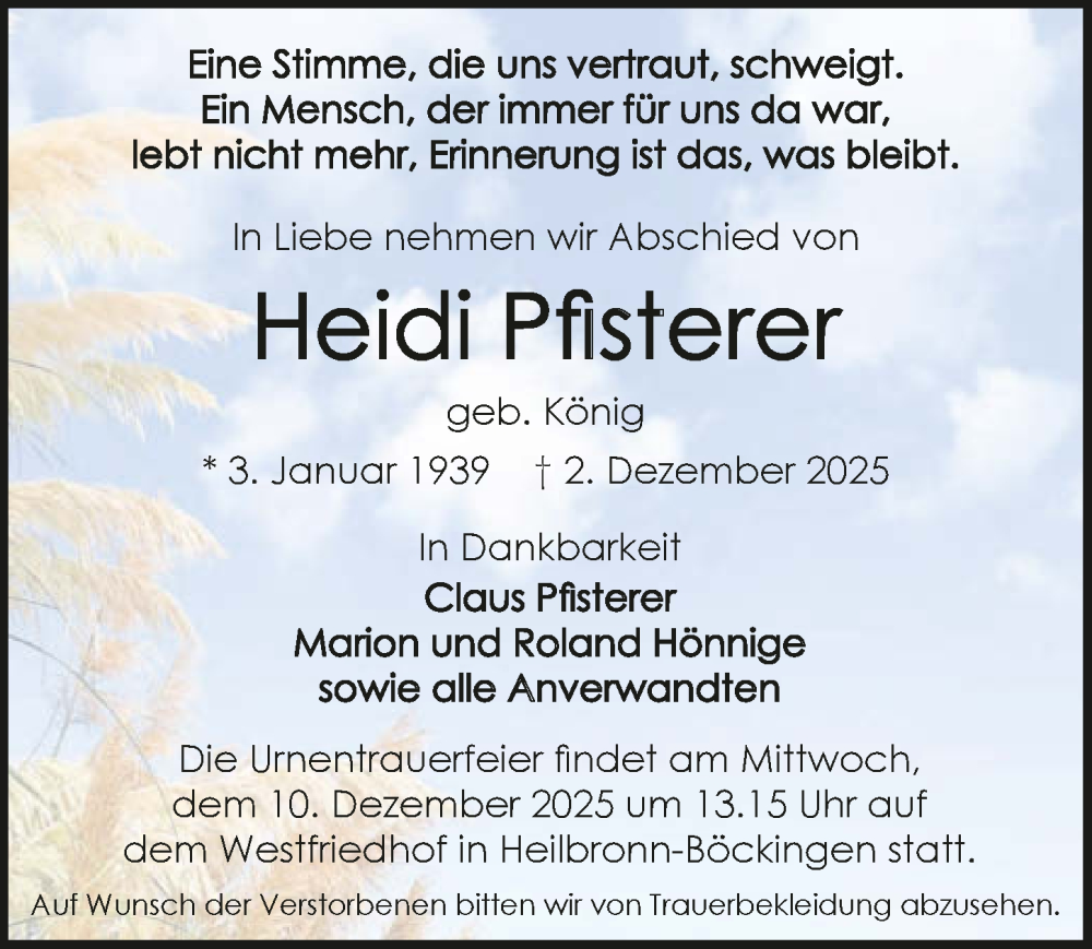  Traueranzeige für Heidi Pfisterer vom 06.12.2025 aus GESAMT