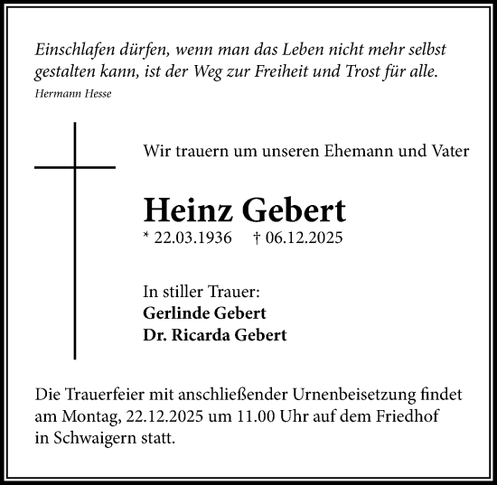 Traueranzeige von Heinz Gebert von GESAMT
