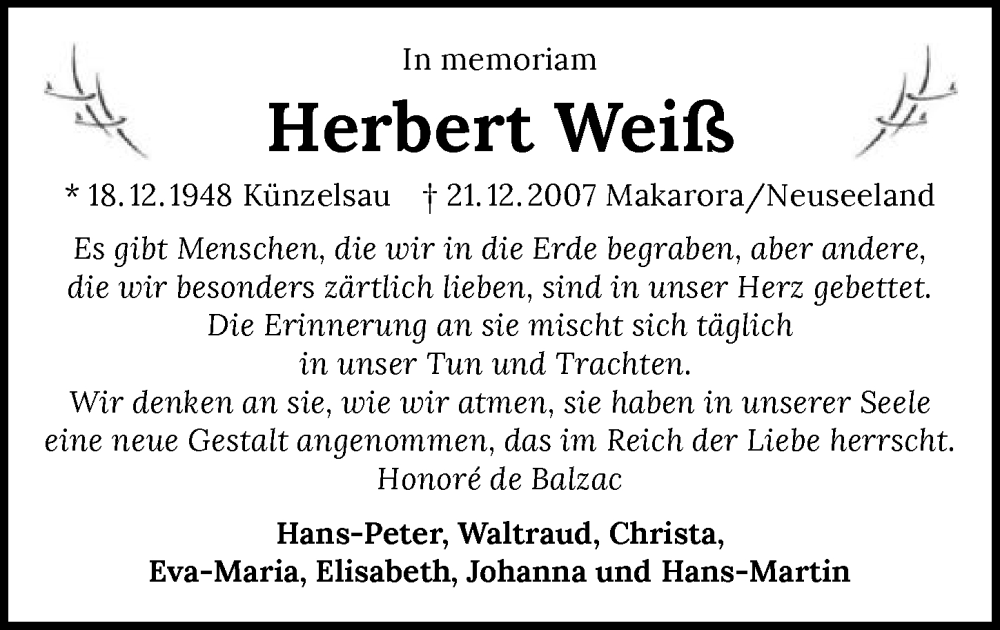  Traueranzeige für Herbert Weiß vom 27.12.2025 aus GESAMT