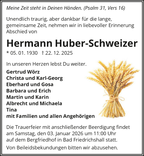 Traueranzeige von Hermann Huber-Schweizer von GESAMT
