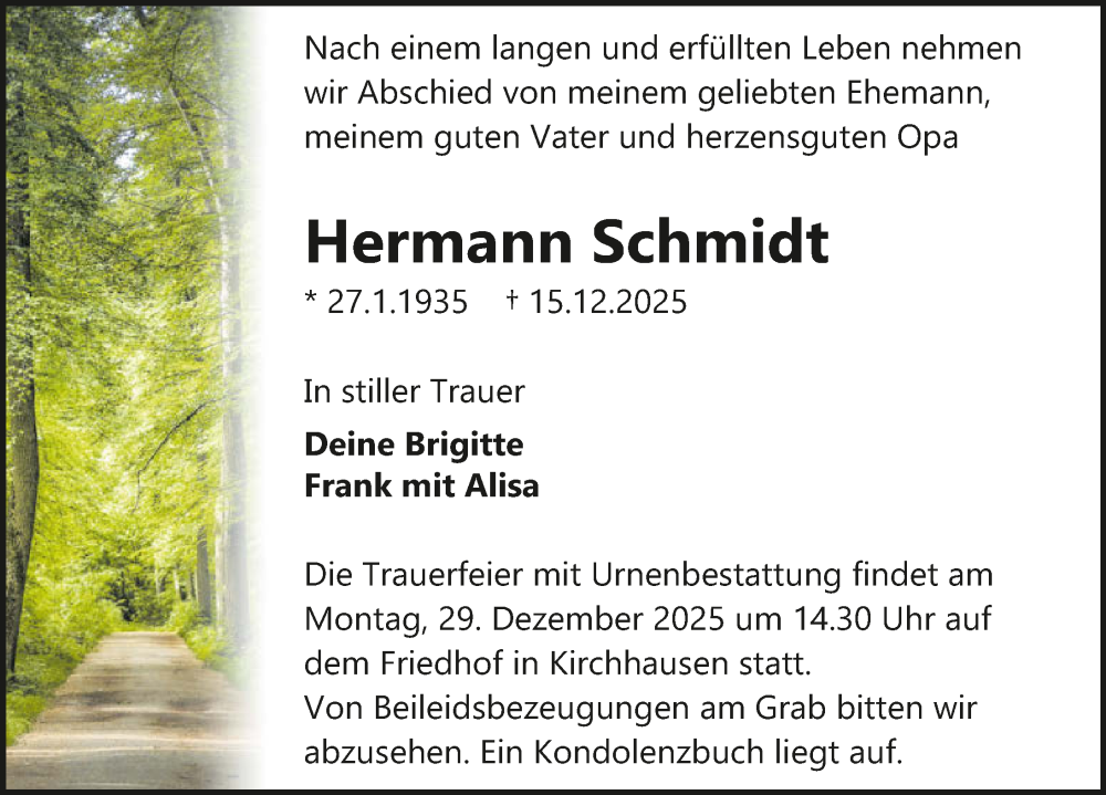  Traueranzeige für Hermann Schmidt vom 27.12.2025 aus GESAMT