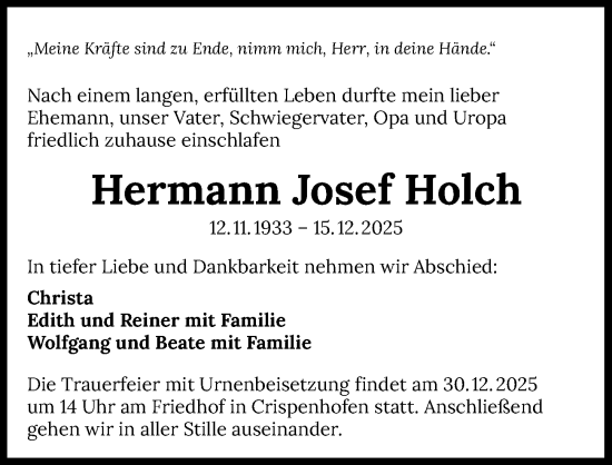 Traueranzeige von Hermann Josef Holch von GESAMT