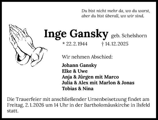Traueranzeige von Inge Gansky von GESAMT
