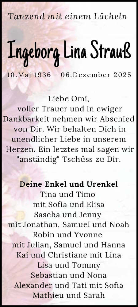 Traueranzeige von Ingeborg Lina Strauß von GESAMT