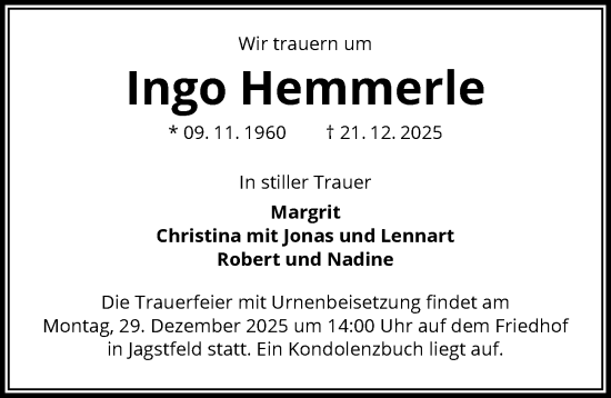 Traueranzeige von Ingo Hemmerle von GESAMT