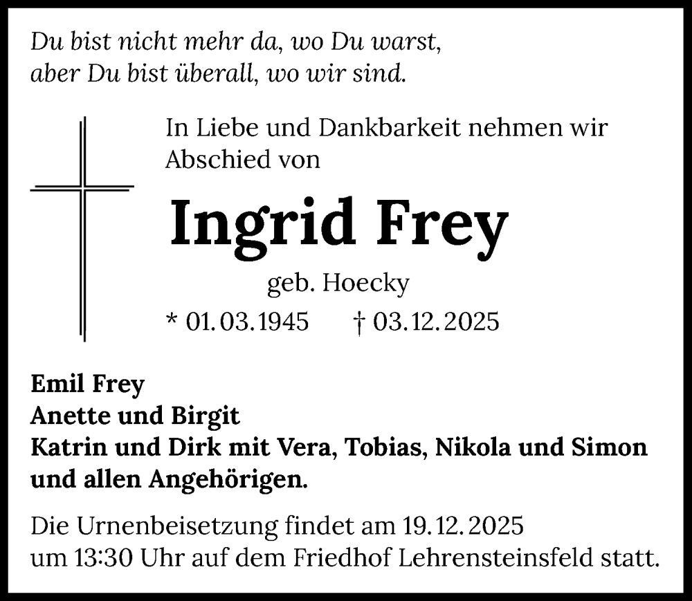  Traueranzeige für Ingrid Frey vom 13.12.2025 aus GESAMT