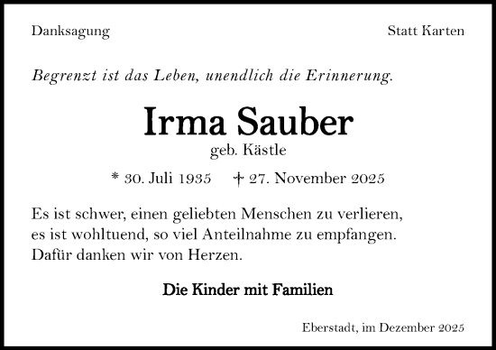 Traueranzeige von Irma Sauber von GESAMT