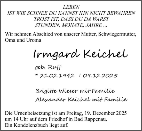 Traueranzeige von Irmgard Keichel von GESAMT