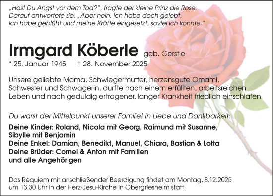 Traueranzeige von Irmgard Köberle von GESAMT