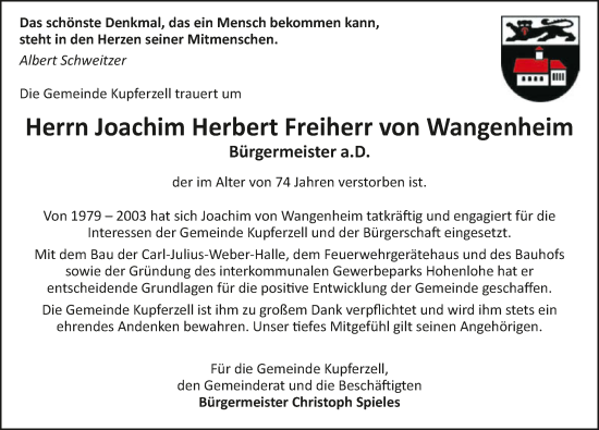 Traueranzeige von Joachim Herbert Freiherr von Wangenheim von GESAMT