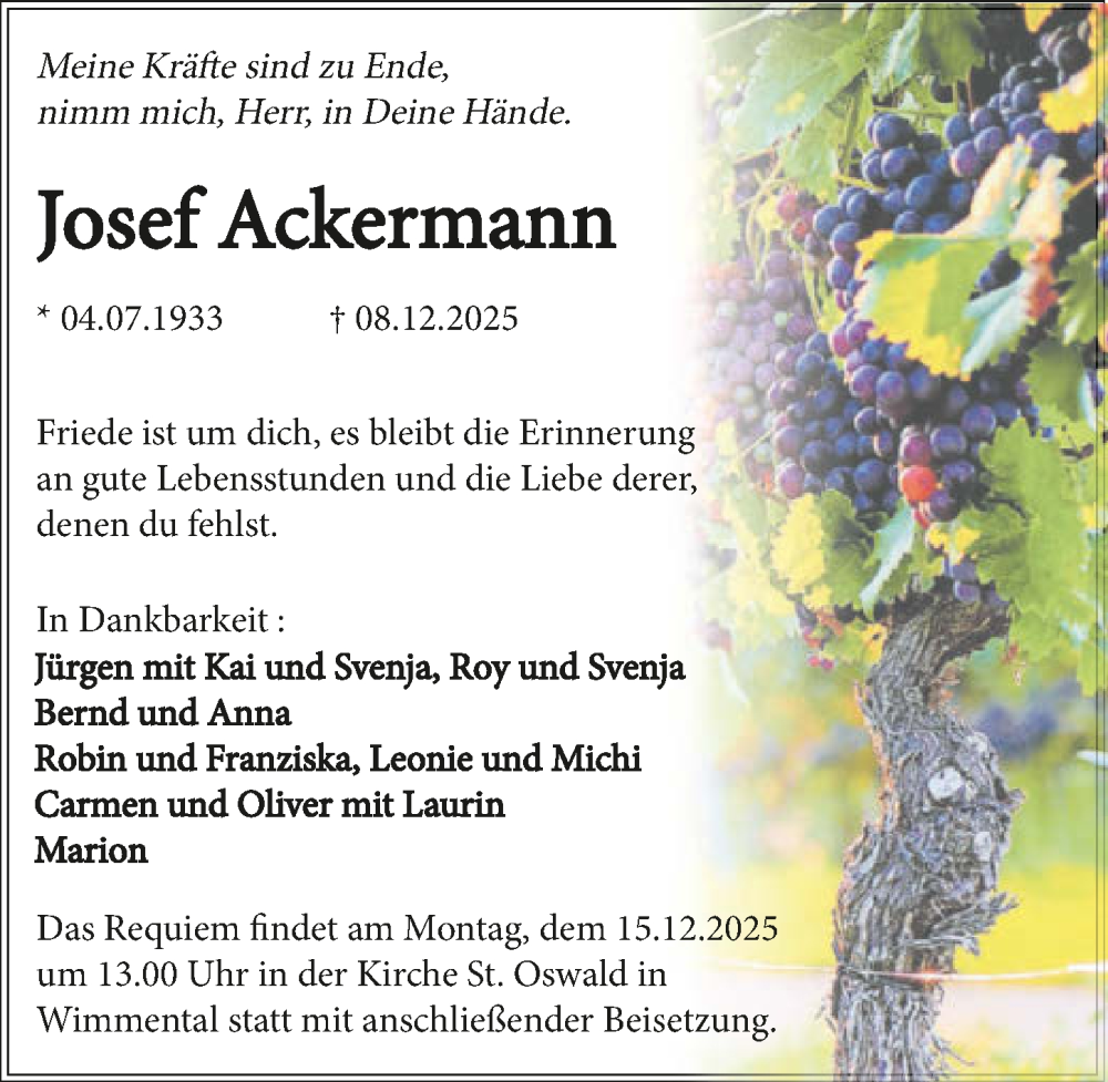  Traueranzeige für Josef Ackermann vom 13.12.2025 aus GESAMT