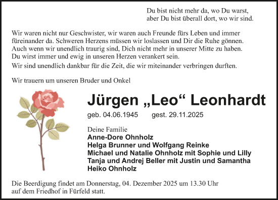 Traueranzeige von Jürgen Leonhardt von GESAMT