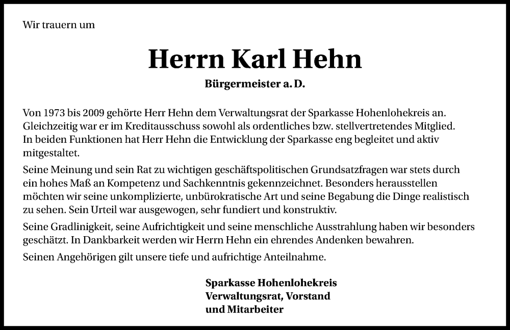  Traueranzeige für Karl Hehn vom 20.12.2025 aus GESAMT