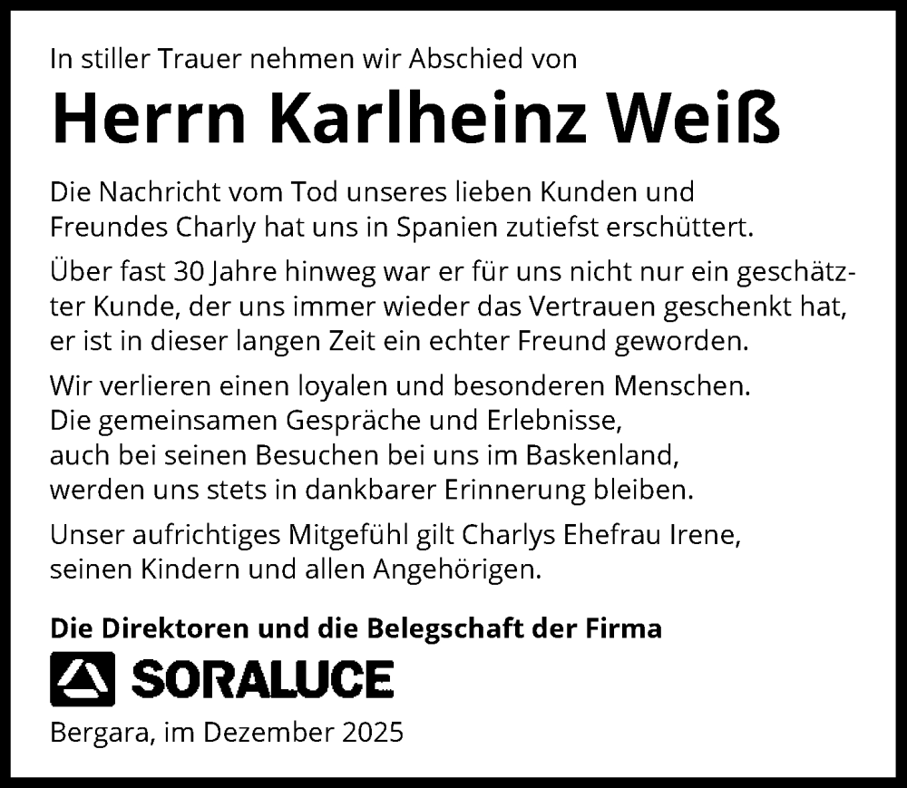  Traueranzeige für Karlheinz Weiß vom 29.12.2025 aus GESAMT